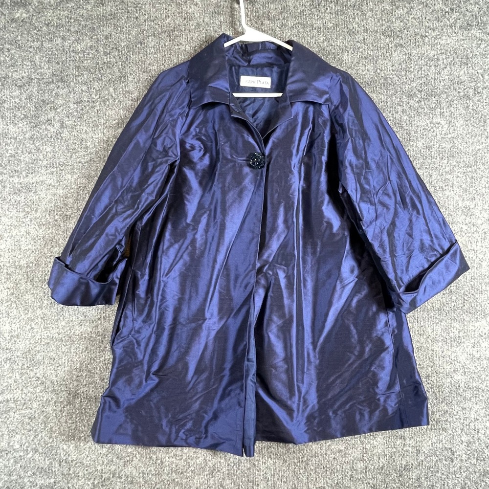 VTG Joseph Plata Jacket Womens Medium Blue Silk Shantung Evening Coat 3/4 Sleeve